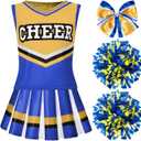 Spooktacular Creations Girl Cheerleader Costume, Halloween Cute Cheer Uniform Outfit with Accessories for Dress Up Parties (Small(5-7 yrs), Yellow Blue)