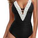 SUUKSESS Women Sexy Lace V Neck One Piece Swimsuit Tummy Control Bathing Suit (Small, 64 Black)