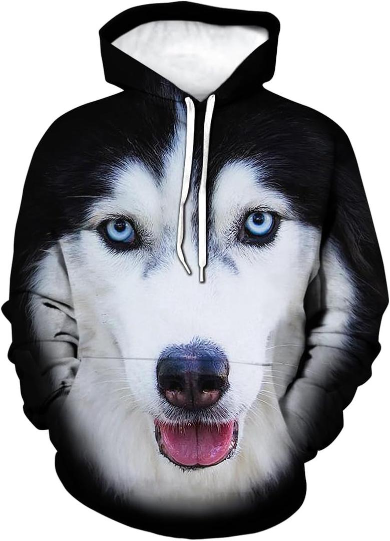Novelty Siberian Husky 3D Print Hoodie Animal Sweatshirt Pullover for Men Women (Medium, Black)