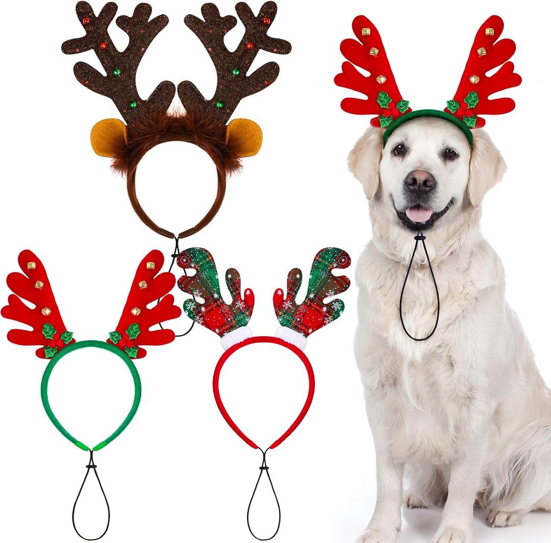 Aneco 3 Pack Christmas Reindeer Dog Headband Puppy Xmas Antlers Headwear Holiday Pet Costume Accessory (Brown,Red)
