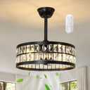 KAISITE Black Caged Ceiling Fan with Light and Remote Control 19" Bladeless Crystal Modern Fandelier Semi Flush Mount Farmhouse Chandelier Ceiling Fan for Kitchen Bedroom Dining Room, Large