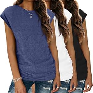 Zeagoo Womens 3 Pack Crewneck Cap Sleeve Tank Tops Casual Basic T Shirts Loose Fit Tee Summer Tops 2025 (Medium)