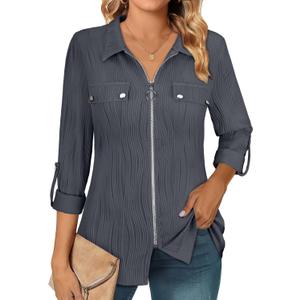 Zamowoty Womens Long Sleeve Shirts Roll Up V Neck Collared Blouses Zip Front Dressy Business Casual Tops (Gray, XXL)