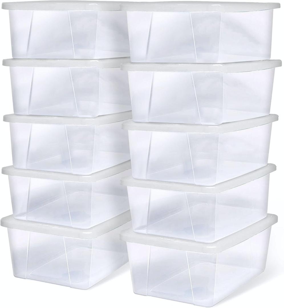 HOMZ 10-Pack Snaplock, Small Clear Plastic Storage Organizer Bins w/ Lids, 6 Quart, White - Stackable Container Boxes for Bedroom, Bathroom, Garage, and Office Organization