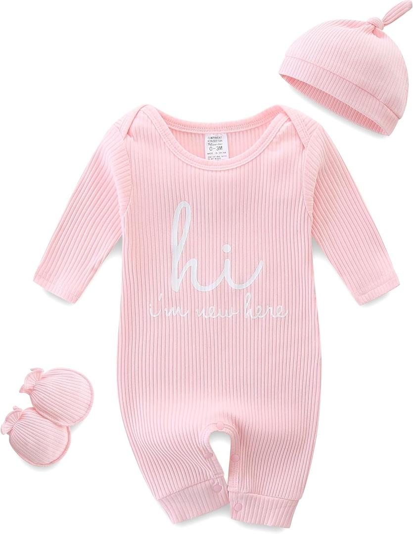 Baby Romper with Baby Mittens & Newborn Hats Footless Long Sleeve Solid Onesie Hi Im New Here (Pink)