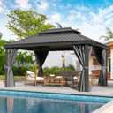 DWVO 12x16ft Hardtop Gazebo Double Roof with Nettings and Curtains, Heavy Duty Galvanized Steel Outdoor Vertical Stripes Roof for Patio, Backyard, Deck, Lawns, Gray