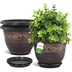 Plastic-Plant-Flower-Planters-14 Inch With Drainage Hole & Saucer, 3 Packs Lightweight Large Resin Flower Pot Indoor Outdoor, Retro Antique Imitation Decorative Garden Containers Sets For Houseplants
