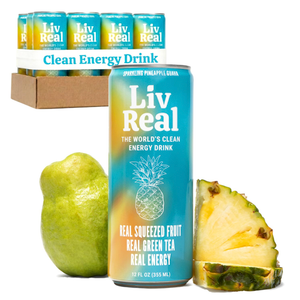 LivReal Clean Energy Drink – Organic Green Tea Caffeine 125mg + L-Theanine 100mg – Real Fruit, No Sweeteners or Flavorings – Vitamin C & B Complex – Sparkling Pineapple Guava Water – 12 Pack, 12 fl oz, BB 03-09-26