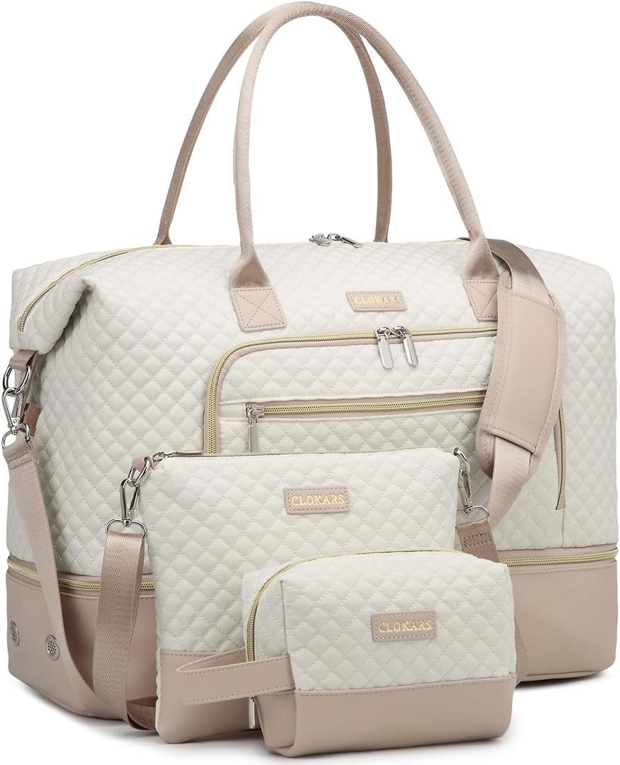 CLOKARS Weekender Bags for Women, Travel Duffle Bag Carry On Overnight Bag with Cosmetics Bag and Crossbody Purse for Gym Hospital, Gifts for Women, Beige Pink