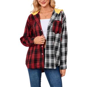 Womens Button Down Shirt Plus Size Blouse Shirts Tartan Plaid Color Block Casual Oversized Boyfriend Hooded Outwear (M)