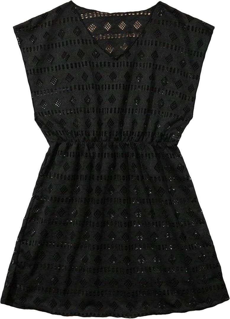 SHENHE Girl's Swim Cover Up V Neck Sleeveless Hollow Out Beach Dress Coverup Beachwear (Black)