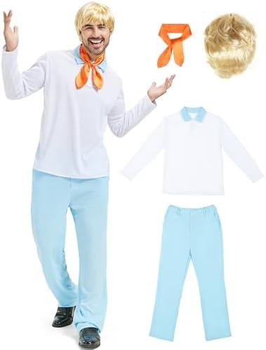 Mviz Adult Halloween Costume for Men 60s Outfit with White Sleeve Shirt Blue Pants Orange Scarf Blonde Wig Mystery Cosplay, Large, 