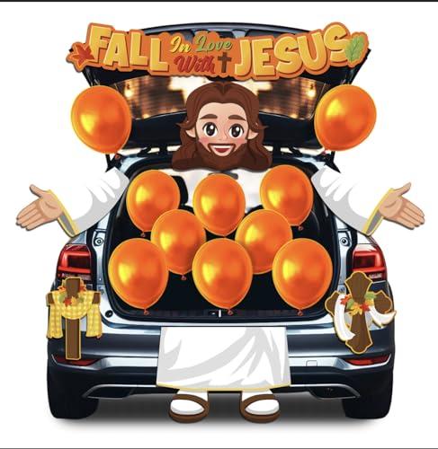 Cinrobiye Halloween Religious Trunk or Treat Car Decorations Kit,Christian Fall for Jesus Archway Car Banner,Garage Door Border Frame Home Outdoor Party Supplies Decor with Balloons Autumn Cross