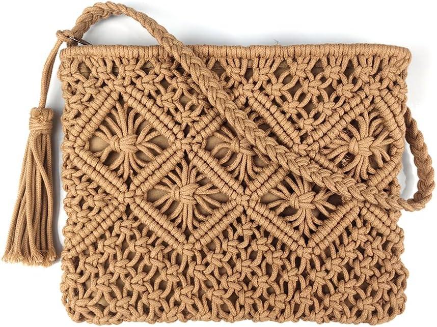 Boho Crossbody Handbag, Handwoven cotton rope Shoulder Bag, Summer Beach Clutches Bags for Women (Camel Color)