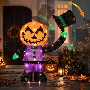 Animated Halloween Decorations, Hat-Tipping Light Up 3D Pumpkin Greeter