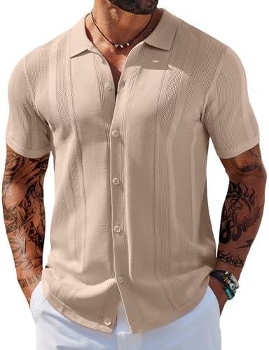 COOFANDY Men's Knit Shirts Short Sleeve Button Down Polo Shirt Vintage Casual Beach Shirt Summer Tops L