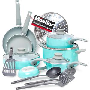 Mueller 16-Piece Non-Stick Stone Cookware Set with Steamer and Glass Lids, Turquoise