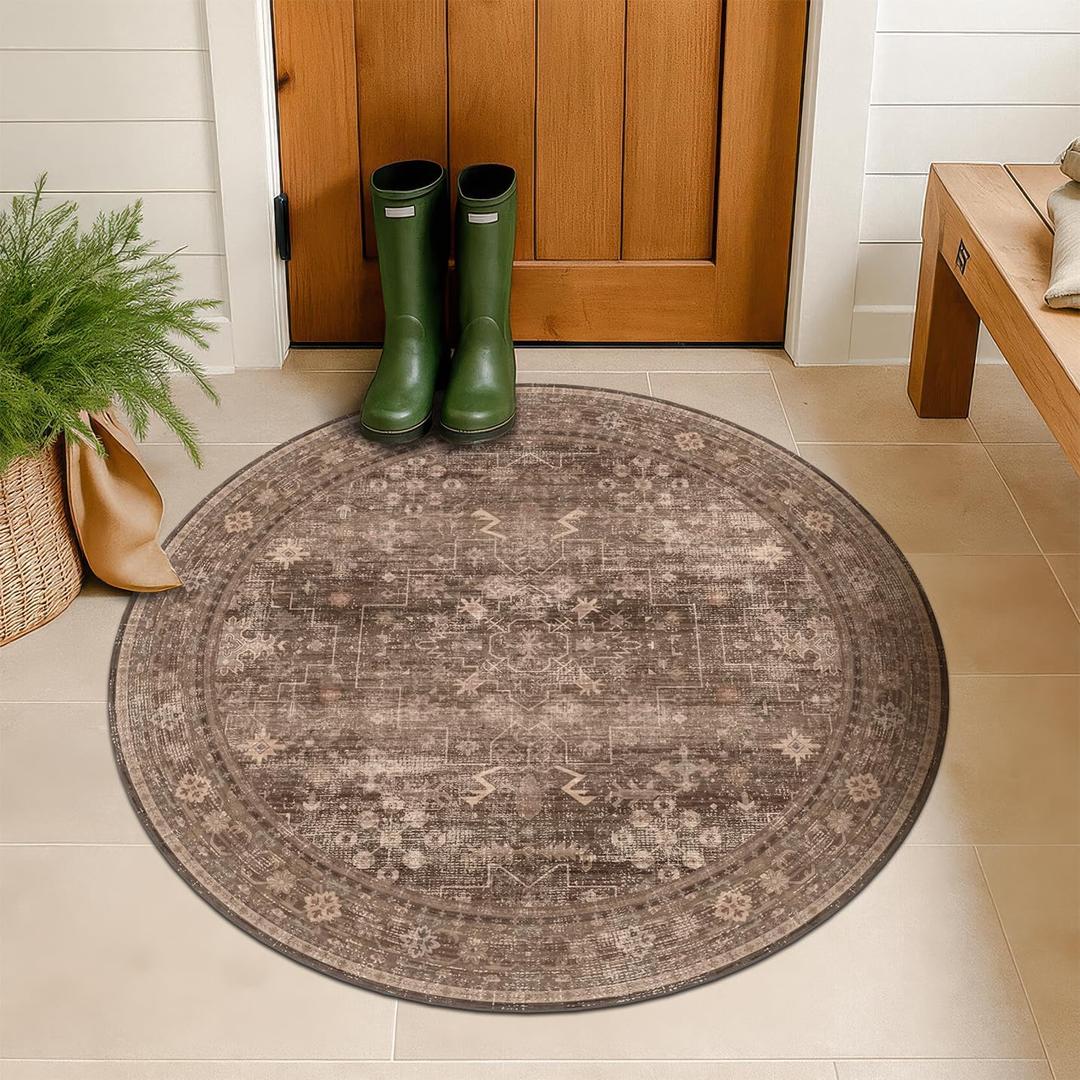 Taupe Brown 3ft Small Round Rug for Entryway Indoor, Modern Traditional Area Rug for Kitchen, Bathroom, Geometric Floral Design - Southwestern Home Dcor, Stain Resistant