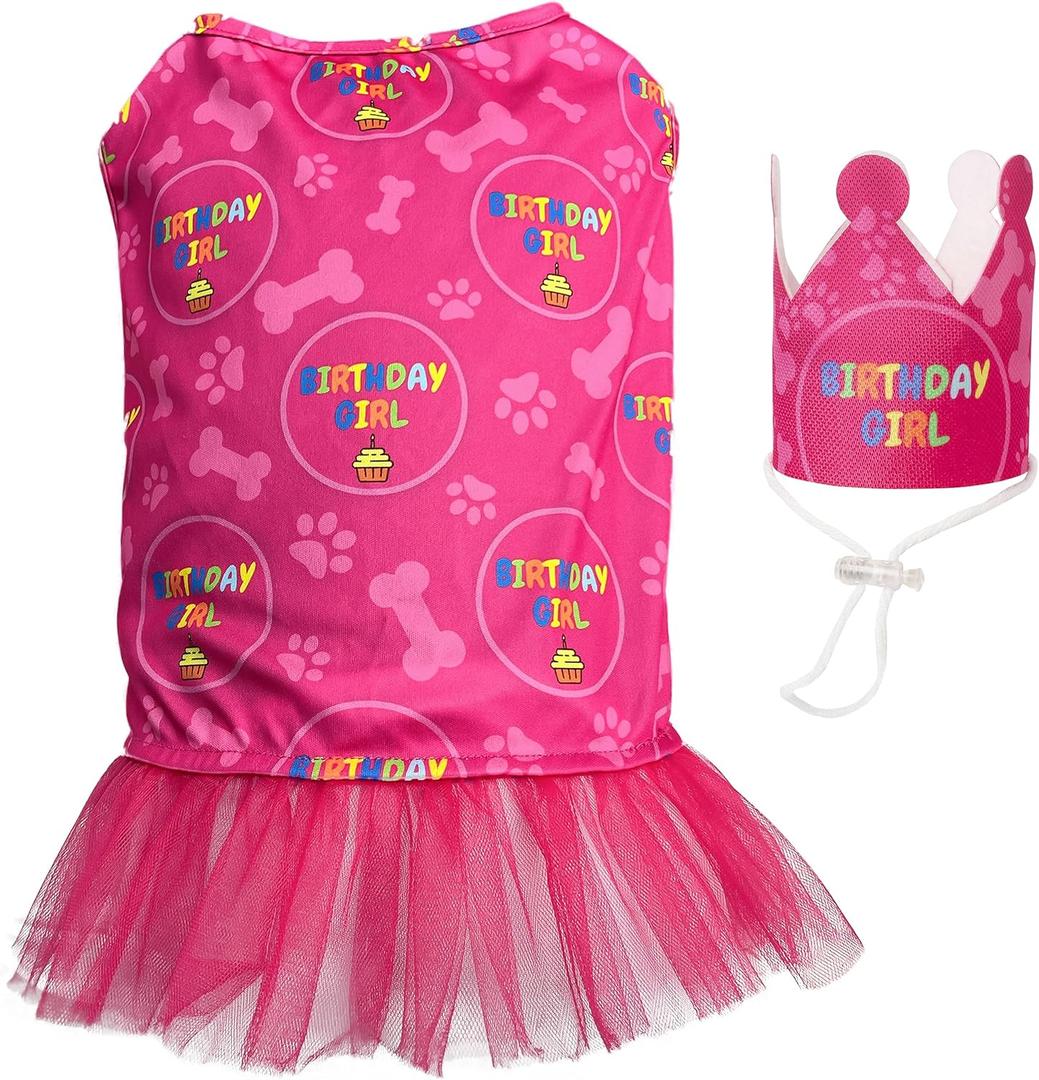 Dog Birthday Girl Outfit - Party Hat, Crown and Dog Birthday Dress with Birthday Girl Sign, Puppy Party T-Shirts Cat Breathable Stretchy Costumes, Large