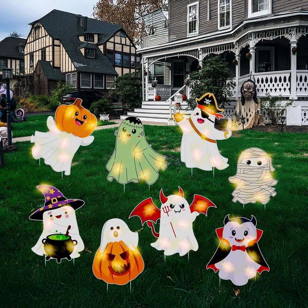Amyhill 8 Pcs Lighted Cute Ghost Yard Signs Halloween Decorations Outdoor Yard Stakes Spooky Pumpkin Ghost Witch Garden Signs with Stakes for Halloween Happy Boo Party Lawn Patio Outdoor (Classic)