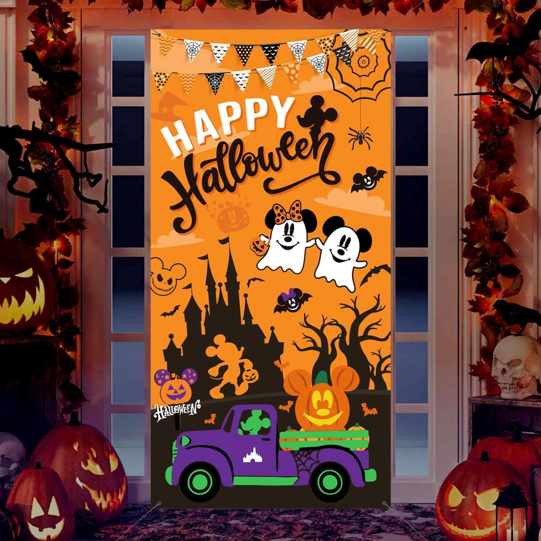Halloween Door Cover 70.8X35.4 Inches Large Mouse Happy Halloween Door Decorations Banner Pumpkin Ghost Themed Window Wall Decor for Home Indoor Outdoor Party Supplies
