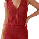 Tankaneo Womens 2 Piece Crochet Short Sets Summer V Neck Vest Tank Tops Cover Up Beach Mini Short Outfits Vacation Sets (Red) L