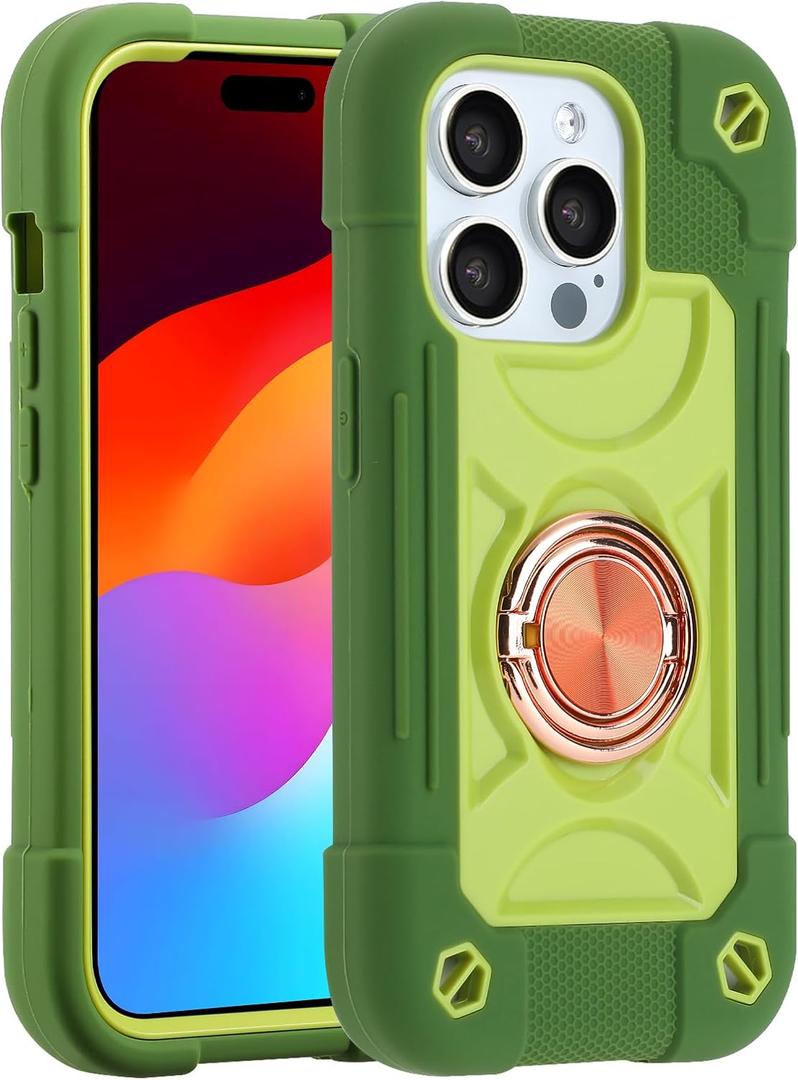 MARKILL Compatible with iPhone 15 Pro Max Case 6.7 Inch with Double Ring Stand, Heavy-Duty Military Grade Shockproof Phone Cover for iPhone 15 Pro Max. Avocado