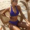Women's Mid Rise Bikini Suit Halter Neck V Tie Push Up Front Classic Polka Dot Two Swimsuit (Blue, XL)