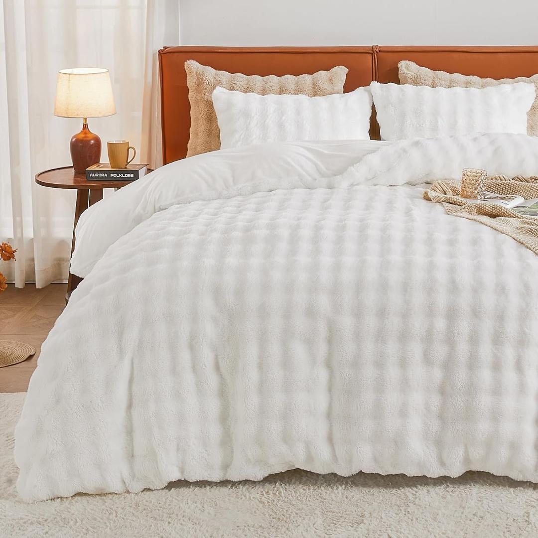 EMME Faux Fur Duvet Cover Twin Size, 2 Pieces Ultra Soft Fluffy Comforter Cover, Cozy Warm for Winter, Luxury Elegant Shaggy Bubble Design Bedding, 1 Duvet Cover & 1 Pillow Shams (Twin, White)