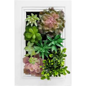 3D Artificial Succulent Wall Art, Wood Frame with Realistic Faux Plant, Wall Hanging Botanical Decoration, Home Decor Idea for Vertical Garden and Fake Plants, White (Size 1)