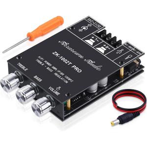 ZK-1002T PRO 2.0 Channel Bluetooth 5.0 Amplifier Board 200W HiFi Subwoofer Audio AMP with Treble and Bass, BT USB and AUX Inputs, DC 12-24V 2.0 Channel Stereo AMP Module for DIY Speakers