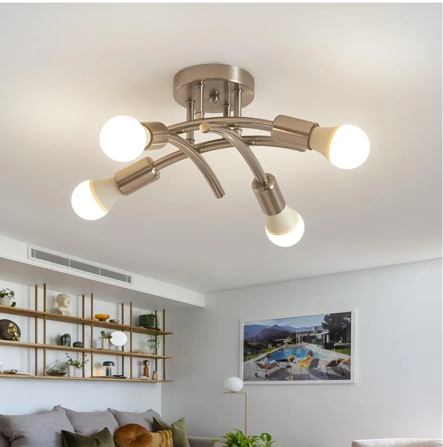 5-Lights Kitchen Lighting Fixtures Ceiling, Semi Flush Mount Ceiling Light, Modern Light Fixtures Ceiling Mount, Mid Century Industrial Sputnik Chandelier for Bedroom, Living Room(Brushed Nickel)