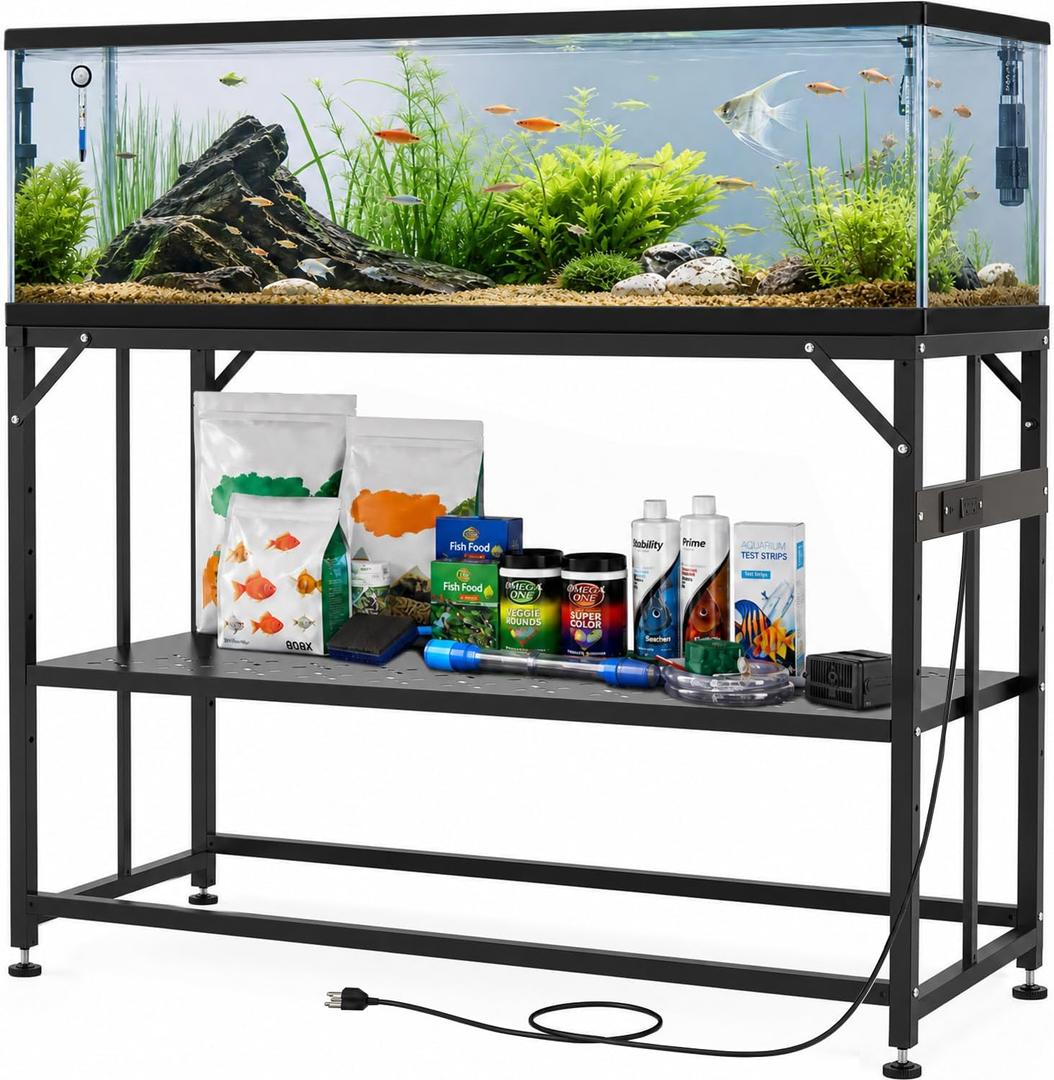 TOCRETOARE Fish Tank Stand 55-75 Gallon, Metal Aquarium Stand, 48.5"x19.8"x32.4" Double-Layer Storage Design, Suitable for Home Office Use, 900LBS Capacity,Black (Tank not Included)