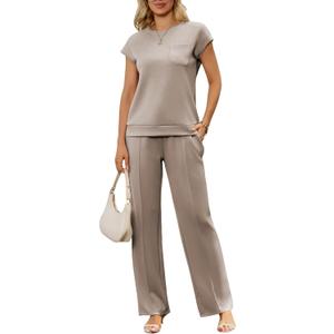 difficort Lounge Sets for Women 2 Piece Outfits Summer Casual Tracksuit Wide Leg Long Pants Vacation Travel Matching Set (Large, Coffee)