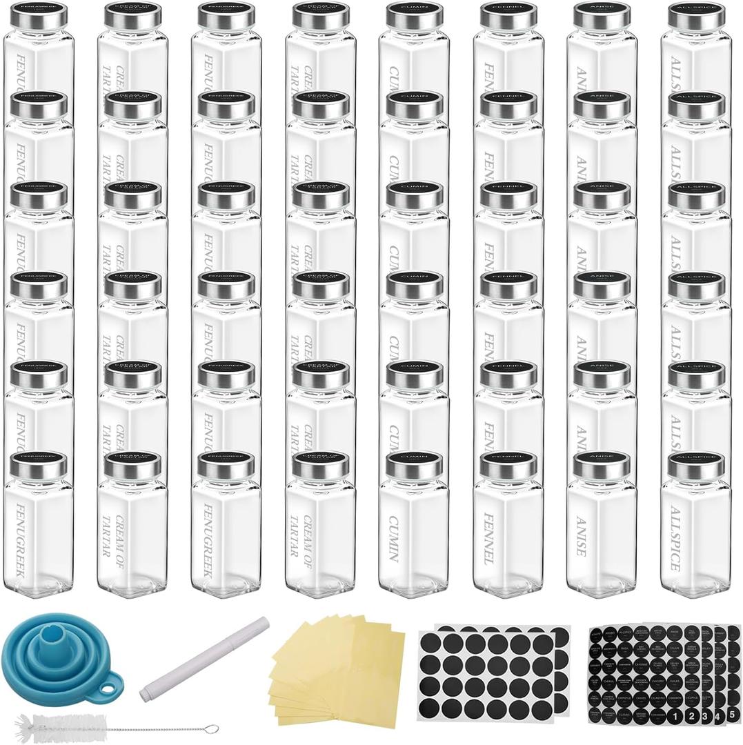 36Pcs 4OZ Glass Spice Jars with 304 Stainless steel Caps, Glass Jars with Minimalist Farmhouse Spice Labels Stickers, Collapsible Funnel, Seasoning Storage Bottles for Spice Rack, Cabinet, Drawer (36)