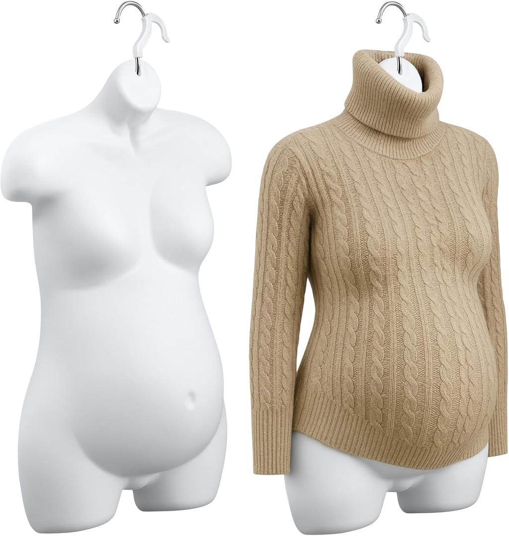 Tioncy 2 Pcs Female Maternity Form Pregnant Woman Mannequin Torso, Hollow Back with Wall Hook, 6-8 Months Pregnant Size Mannequin Props for Clothing Store Display Stand, White, 32 x 18.25 x 8.25 inches