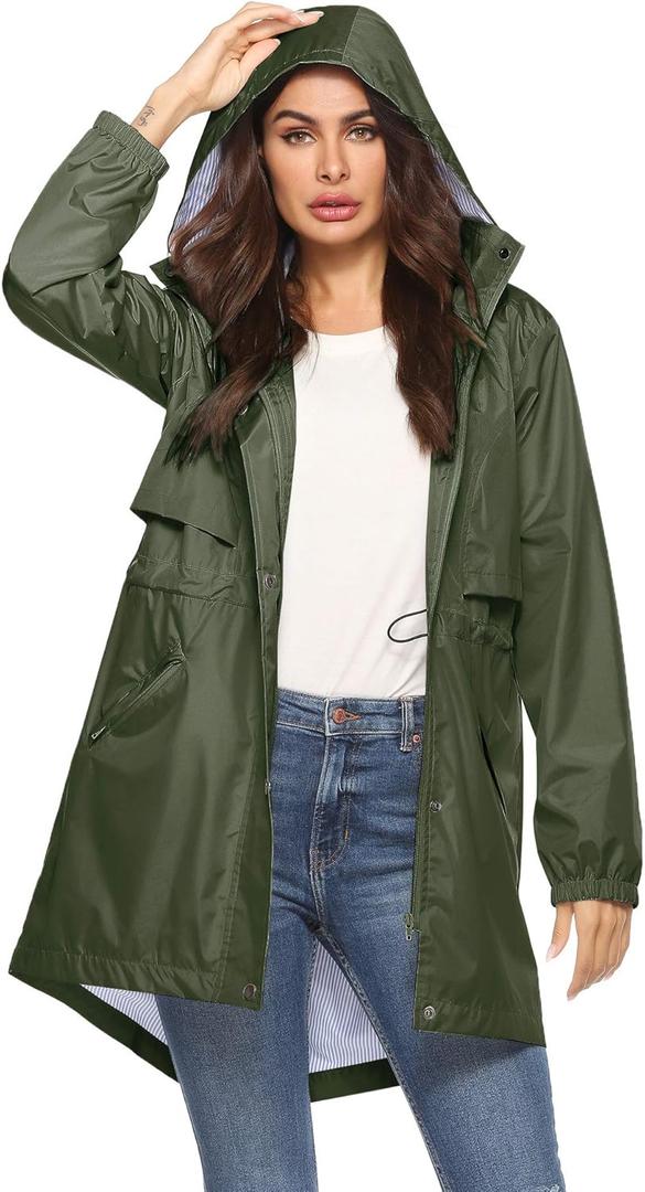 Avoogue Womens Raincoats Waterproof Cinch Waist Breathable All Weather Jacket Long (Large, Army Green)