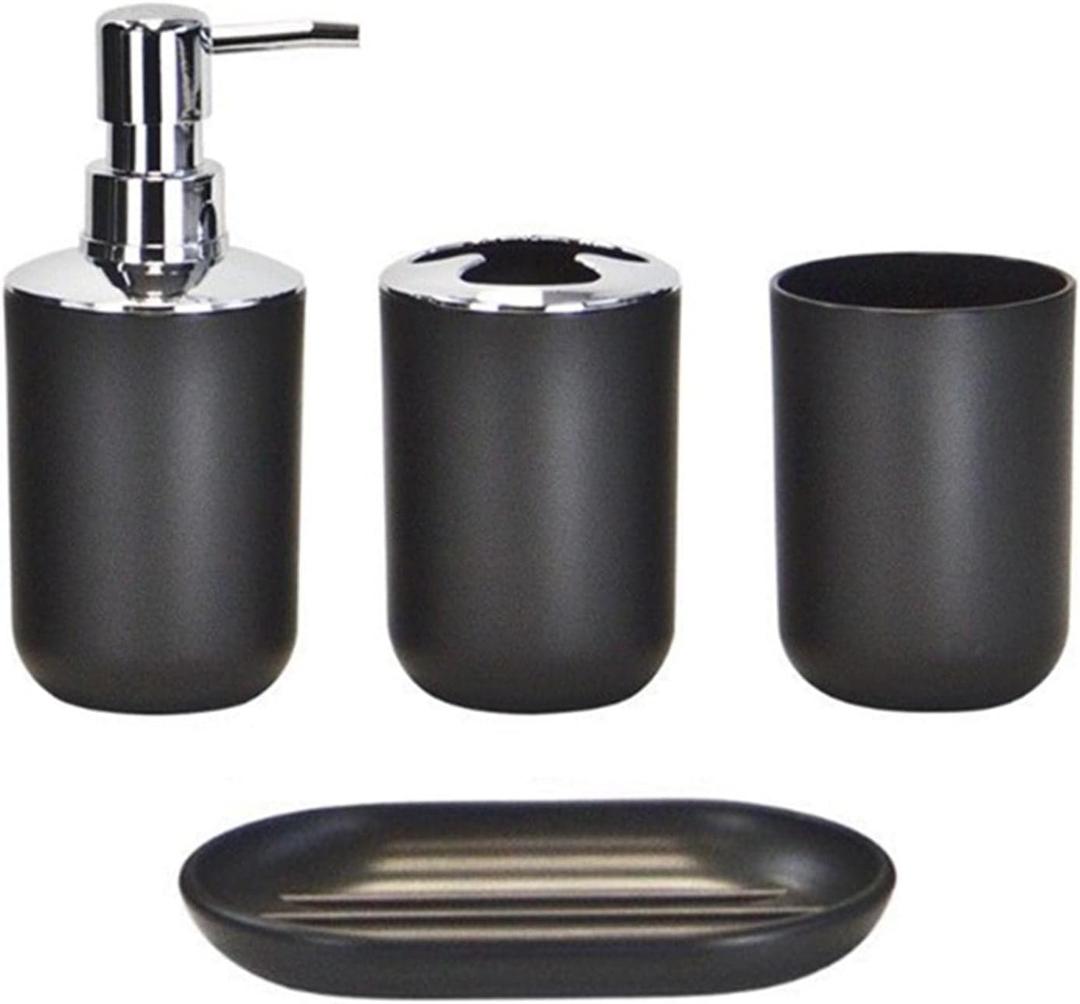 4pcs Bathroom Accessories Set, Toothbrush Holder Tooth Mug Soap Dish Liquid Bottle Bathroom Set Shower Countertop Vanity Organizer(Black)