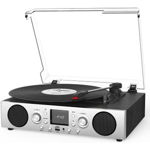 Record Player with Built-in Speakers, Belt-Driven Turntable with FM Radio & Bluetooth Receiver, 3-Speed Vinyl Player with USB Recording, RCA Line Out, AUX in & Auto Stop, Silver Black