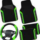 CAR PASS Leather Steering Wheel Cover and Waterproof Car Floor Mats,Microfiber Universal Car Combo Fit for 95% Sedan,SUV,Cars,14.5-15inch Sporty Anti-Slip Comfortable Design(BlackFluorescence Green)