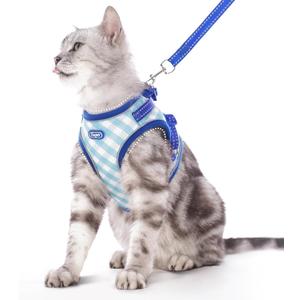 Supet Cat Harness and Leash Set - Soft Mesh Adjustable Cat Vest Harness with Reflective Strap for Walking Cat and Puppy Rabbit (M (Chest: 12.5" - 15.5"), Light Blue Plaid)