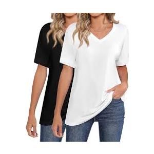 Huukeay 2 Pack Women Deep V Neck Slim T Shirts Summer Basic Short Sleeves Tees M