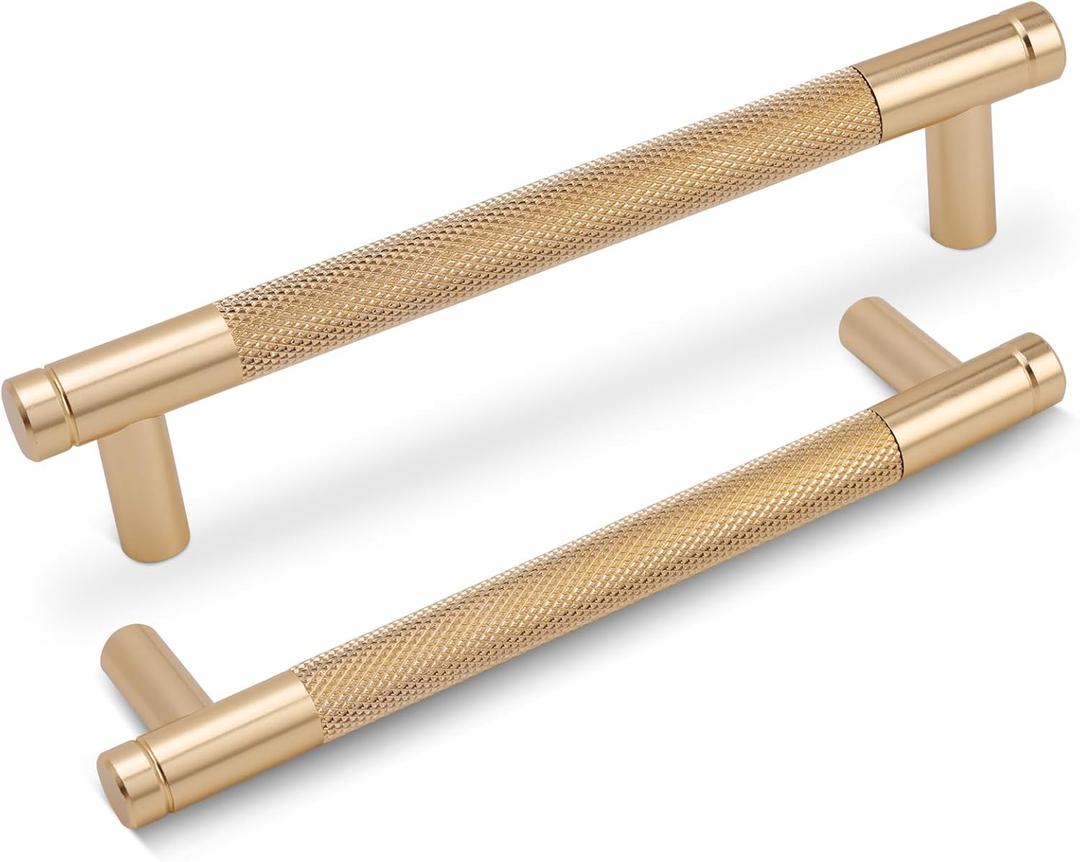 5 Pack Knurled Cabinet Pulls 3 Inch (76mm) Hole Center Kitchen Cabinet Handles Polished Gold for Drawer Dresser, Cupboard and Wardrobe Aluminum Hardware KL-PG76-5