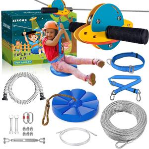 Zip Line Kit for Kids and Adults Outdoor, UFO Trolley 75/100/120/150ft Zipline for Backyard, Up to 350 Lbs, Included Swing Seat, Ziplines Spring Brake and Safety Harness