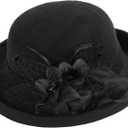Women-Felt-Bowler-Fedora-Hat with Floral-Fascinator for Kentucky-Church-Derby-Wedding-Party (Medium-Large, Black)