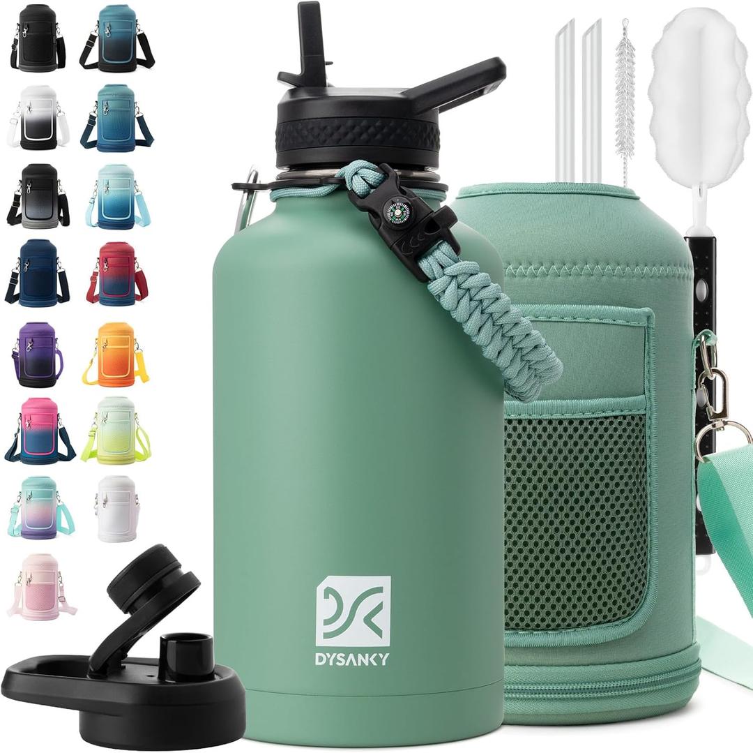 Insulated Water Bottle | Thickened Stainless Steel Vacuum Metal | Portable Sports Half Gallon Large Water Jug for Gym and Hiking with Straw, Carrier Bag, Handle Strap | BPA-Free 64 oz (Verdant)