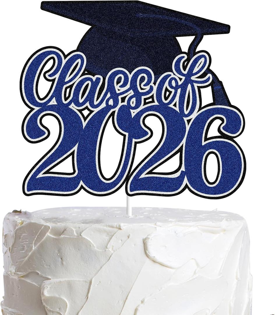 Class of 2026 Graduation Cake Topper Blue Glitter Congrats Grad Cake Decorations Happy Graduation Congratulations Grad 2026 Party Supplies (Blue)