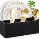 DRASTAR Paper Plate Dispenser, Wooden Utensil Caddy Organizer, Large Silverware Holder for Party, Black Paper Plate Organizer, Kitchen Utensil Caddy for Party Picnic Camping