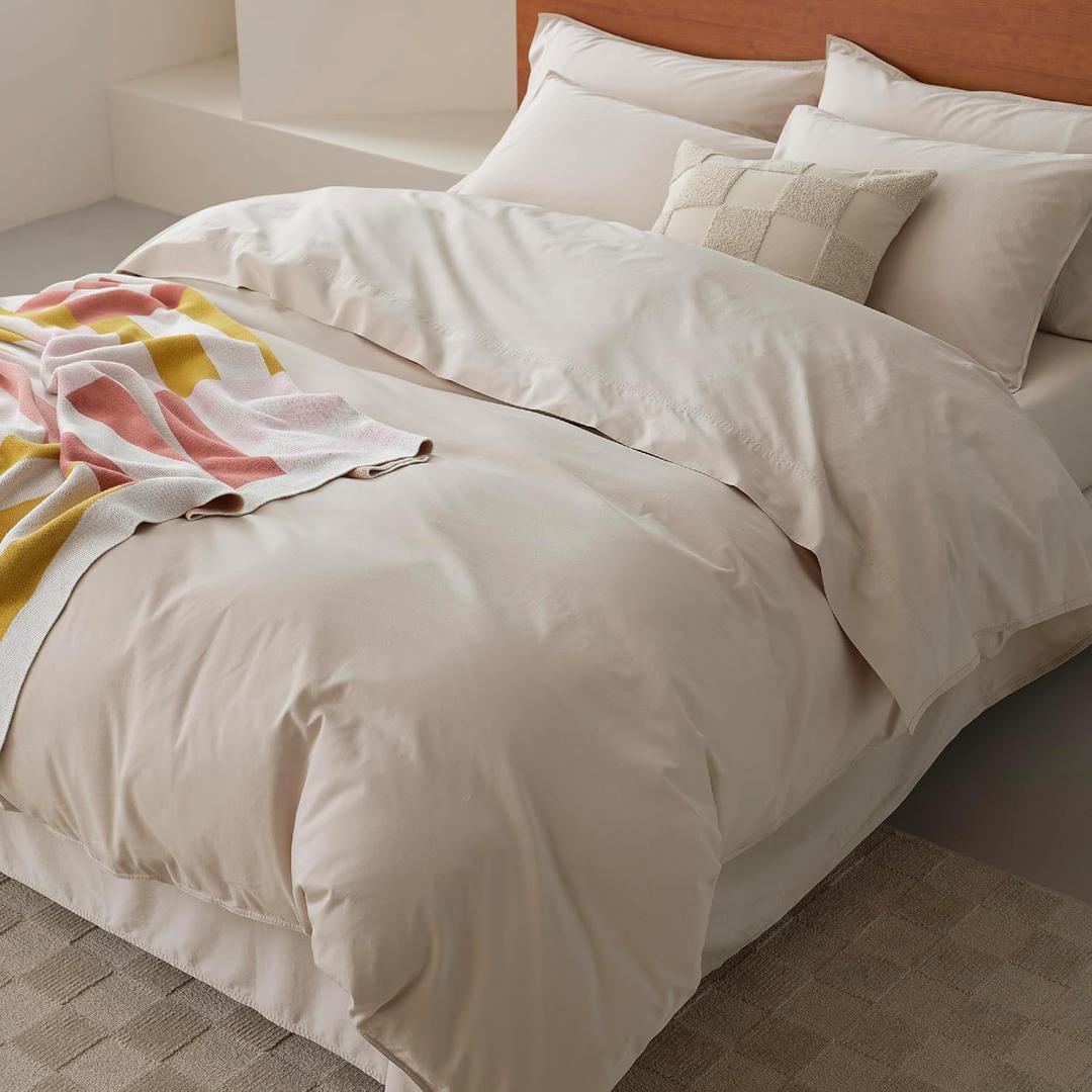 Double Stitch 100% GOTS Organic Cotton Duvet Cover, Washed Cotton Queen Size Duvet Covers Set, 300 TC Luxury Hotel Sateen Weave 3PCS Bedding Set, Soft Long Staple Cotton, Made in India, Warm Greige