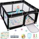 Baby Playpen with Mat, Durable and Secure Baby Play Pen, 50”×50” Playpen Kids Activity Play Center, Equipped with Anti-Slip Suckers and a Zipper Gate（Black）